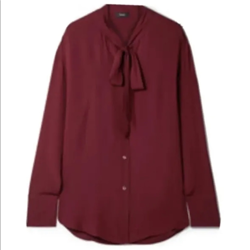 Theory S Small Weekender Tie Neck Silk Deep Mulberry Button Up Blouse MSRP $325
